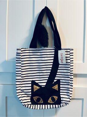 Cat & Jack Black & White Striped Cat Face Tote with Gold Accents